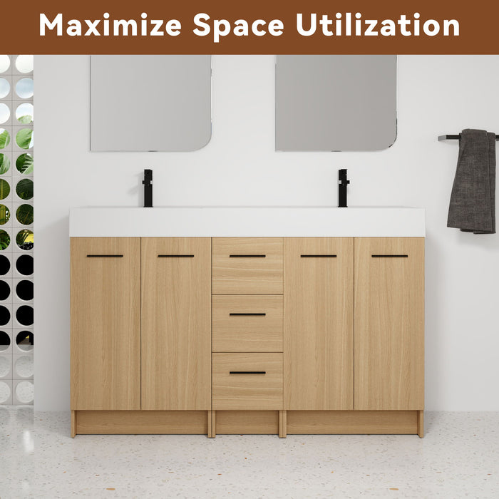 Double Sink Bathroom Vanity With 3 Drawers, Large Storage, Integrated Sink, Freestanding Cabinet, Soft Close Hardware - Glossy White / Light Oak