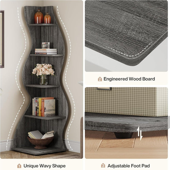 5 Tier Wavy Corner Bookshelf And Plant Stand For Living Room