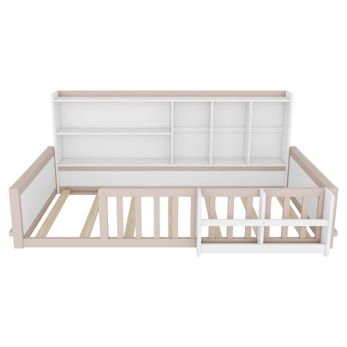 Platform Bed Frame With Guardrail, Storage Shelves & Bookshelf