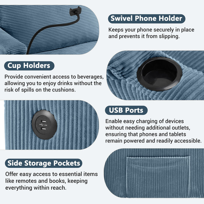 Corduroy Sleeper Sofa Loveseat Sofa With Full Size Mattress, 2 USB Ports, 2 Cup Holders, 2 Side Pockets And Phone Holder