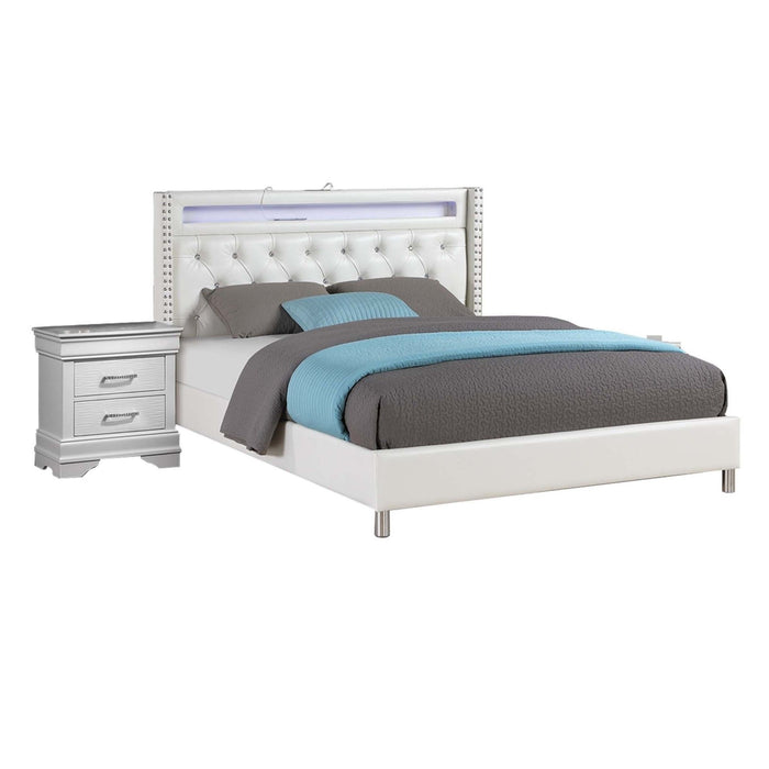 Modern Bed With LED Lights, Charging Port, Tufted Headboard