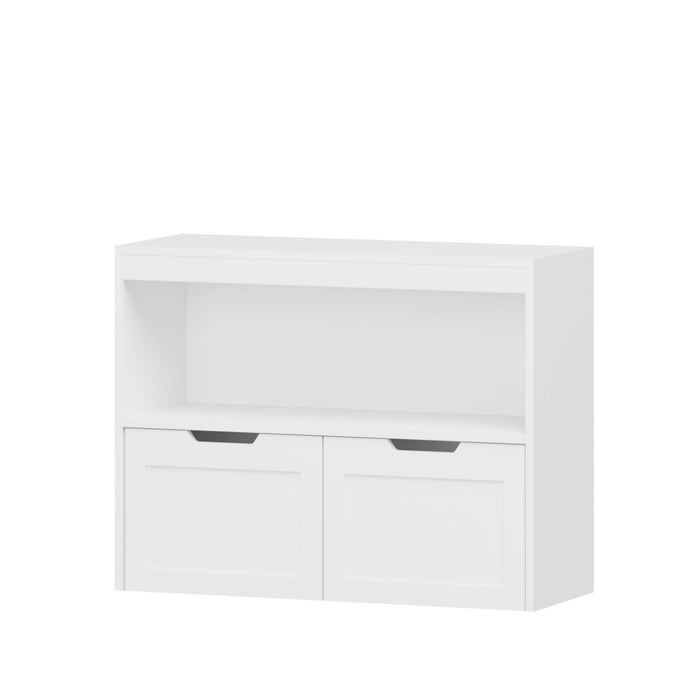 Book Organizer With Large Drawers And Open Shelves, Toy Storage Cabinet With Removable Wheels And Rounded Edges - White