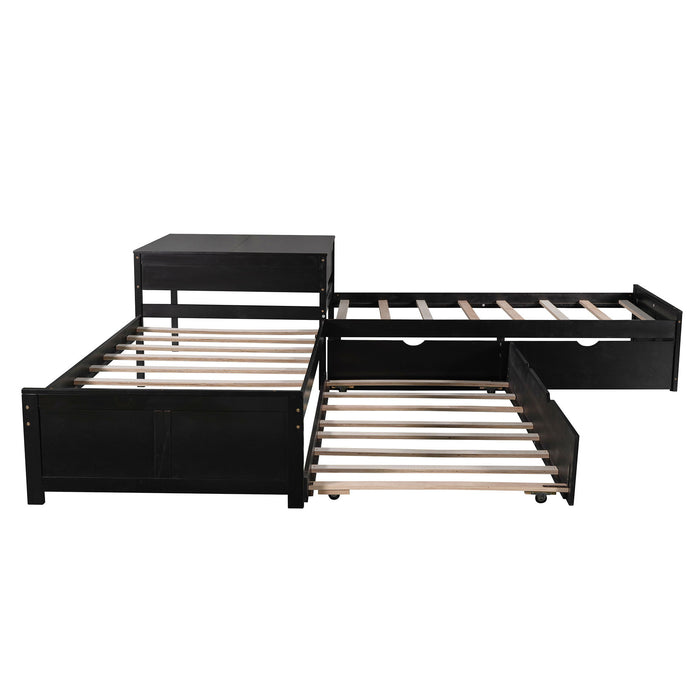 L Shaped Platform Bed With Trundle And Drawers Linked With Built In Desk