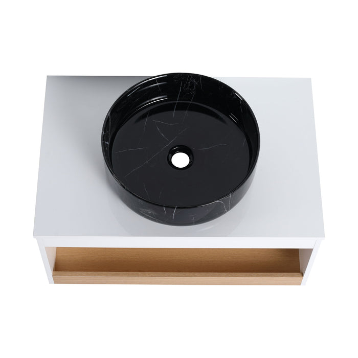 Floating Bathroom Vanity With Vessel Sink With Open Shelf Storage
