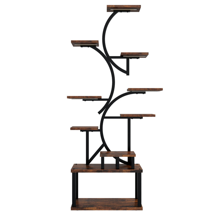 S - Shaped, 10 Tier Plant Stand With 5 Grow Lights - Deep Rustic Brown