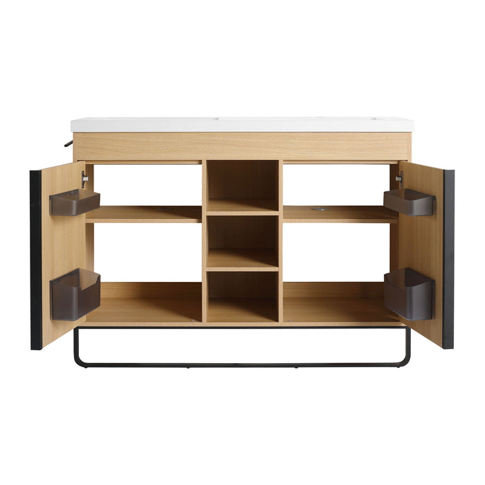 48" Freestanding Bathroom Vanity With Double Sink, 2 Soft Close Doors & 3 Open Shelves - Oak