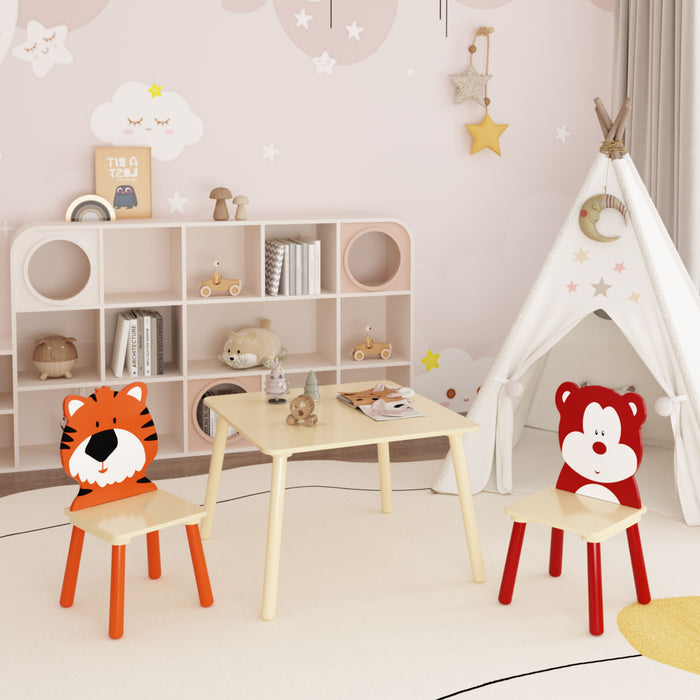 Table And 2 Chairs Set, Activity Play Table Set With Bear & Tiger Design - Natural
