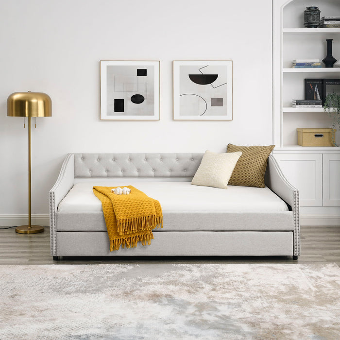 Upholstered Tufted Daybed With Drawers, Waved Arms