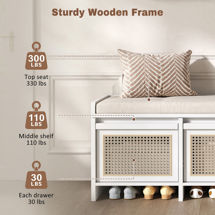 Entryway Shoe Bench With Drawers & Button Tufted Cushion