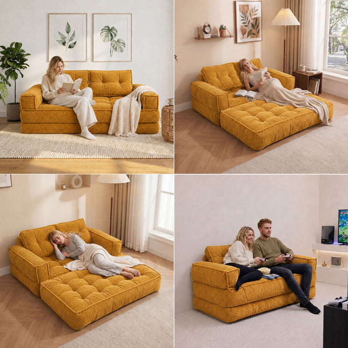 2 Seater Modular Corduroy Sofa With Chaise Lounge For Living Room