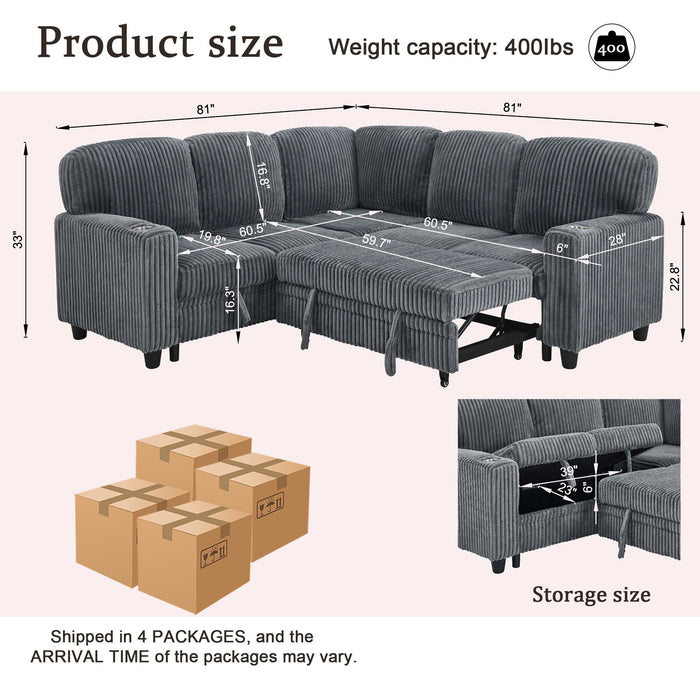 L-Shaped Sofa With Pull Out Sofa Bed With USB