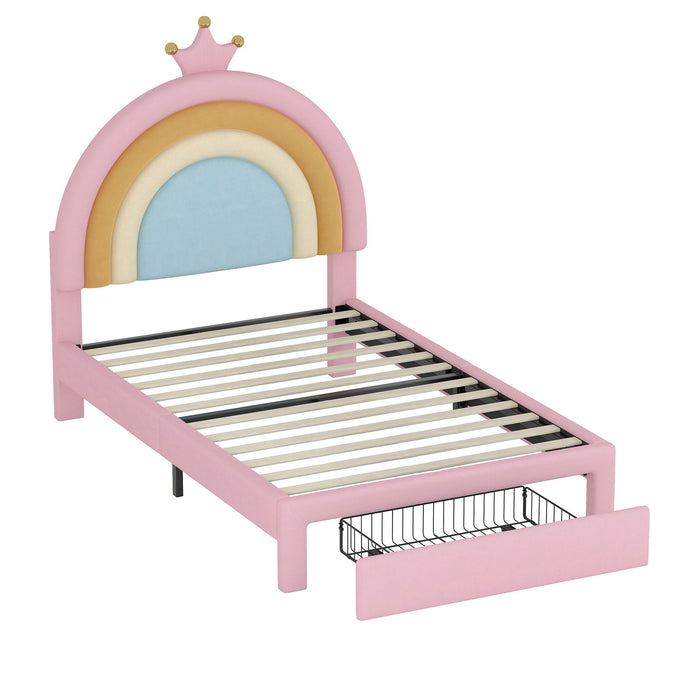 Upholstered Rainbow Design Bed, Princess Platform Bed With Storage Drawer