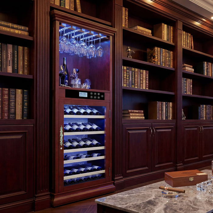 Single Zone Wine Cooler With Tempered Glass Door LED Lighting, 56 Bottle Capacity, Touch Screen Control - Cherry