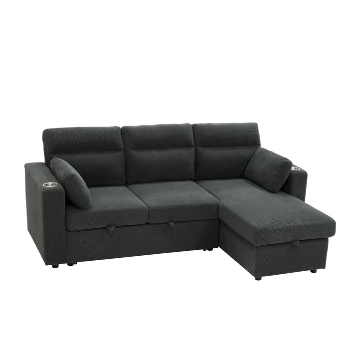 Convertible L - Shaped Sectional Sofa Bed With Storage Chaise, Cup Holders