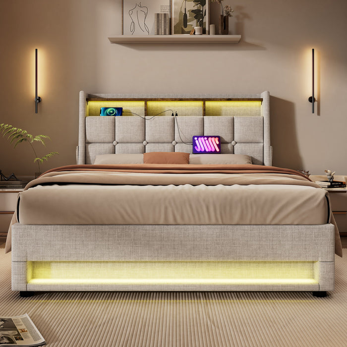 Platform Bed With Hydraulic Storage, LED Lighting & Charging Station