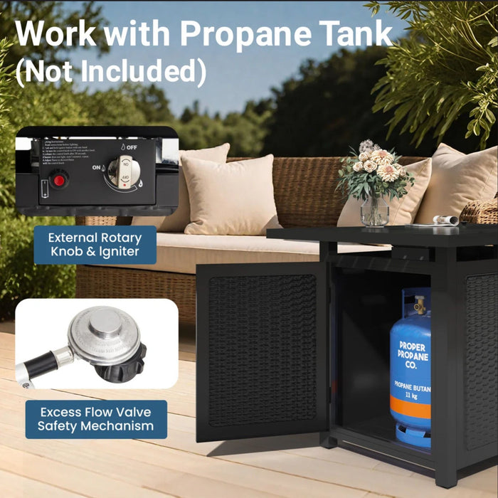 Outdoor 2 In 1 Propane Fire Pit Table With Lid & Glass Shield, Rectangular Fire Table, Lava Rock & Cover - Black