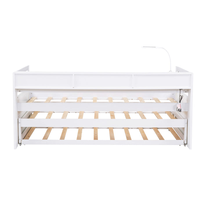 Daybed With 2 Trundles, 3 Storage Cubbies, Built In USB Charging Light