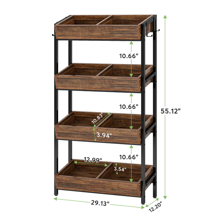 4 Tier Retail Display Rack With Hooks, Tall Metal Snack Stand With Shelves - Brown / Black