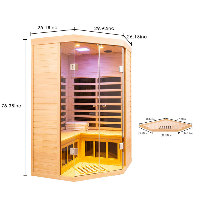 2 Persons Large Glass Front Deluxe Version Hemlock Far Infrared Corner Sauna Room - Natural