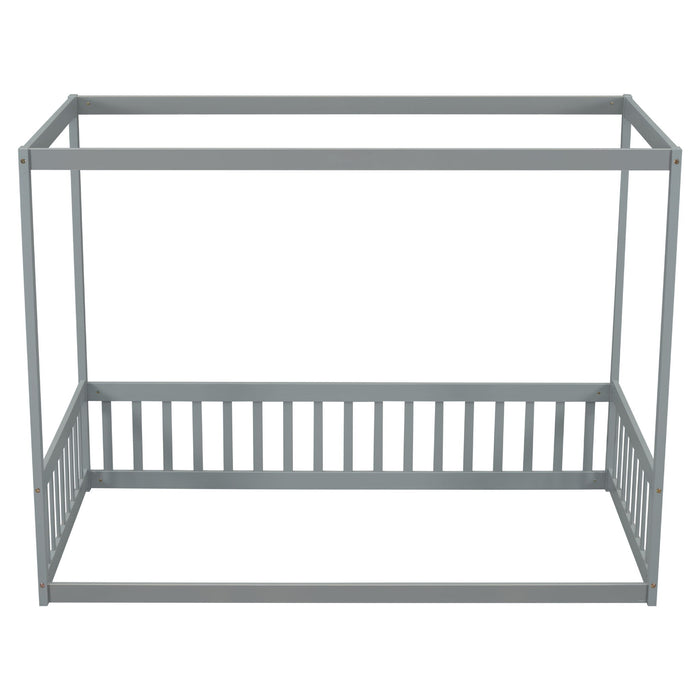 Canopy Frame Floor Bed With Fence, Guardrails