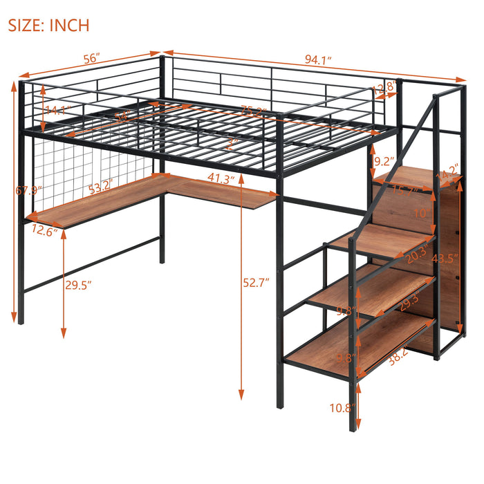 Loft Bed With Desk And Grid, Stylish Frame With Lateral Storage Ladder And Wardrobe