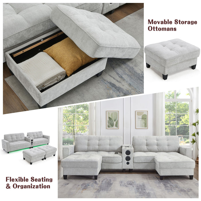 Modern Sectional Sofa U-Shaped With Movable Ottomans, Bluetooth Speakers, LED Lights And Modular Storage