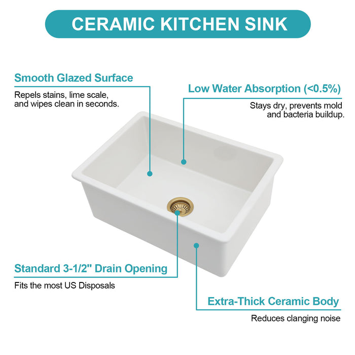 Undermount Single Bowl Ceramic Kitchen Sink, Dual Mount