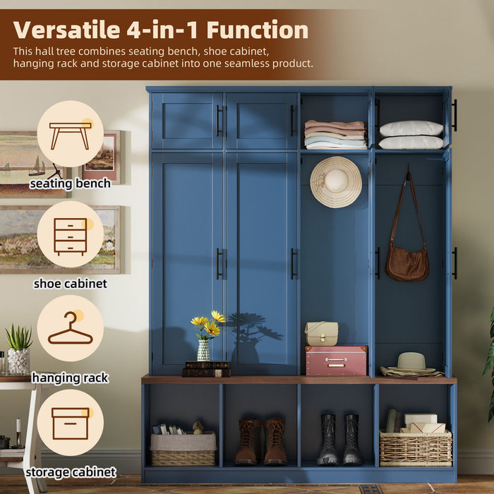 Farmhouse Hall Tree With 4 Hidden Hanging Hooks And 8 Doors