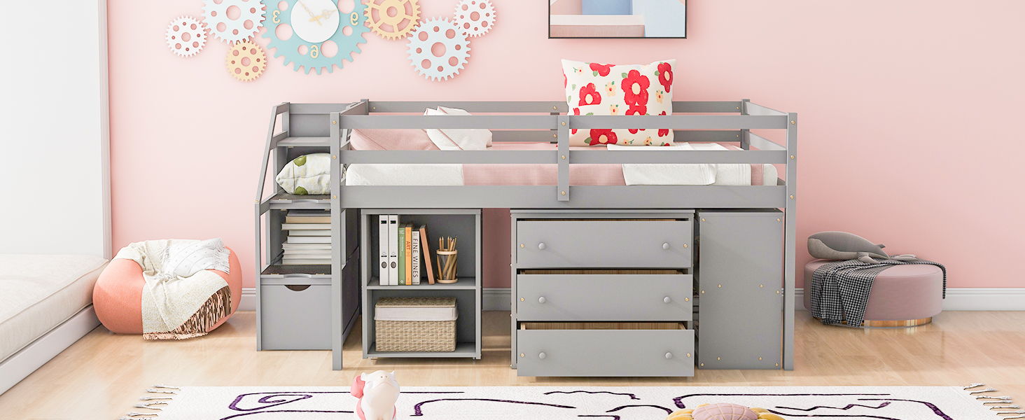 Loft Bed With Retractable Writing Desk And 3 Drawers With Storage Stairs And Shelves