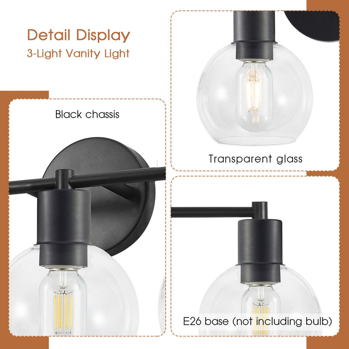 3 Light Globe Bathroom Vanity Light With Clear Glass Shades - Black