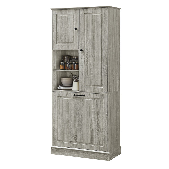 Modern Tall Storage Cabinet With Adjustable Shelves, Flip-Out Basket & Enclosed Doors