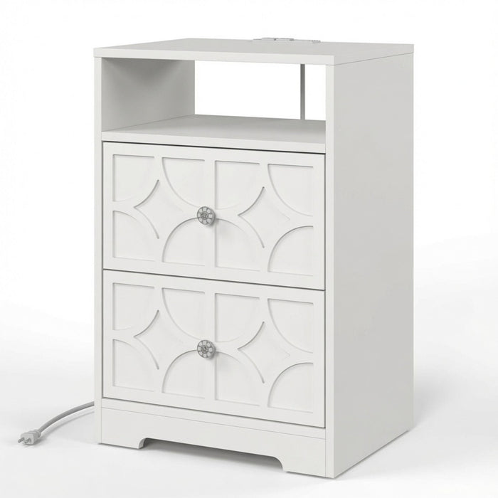 Nightstand With Diamond Carvings Handles, 2 Drawers & Charging Station
