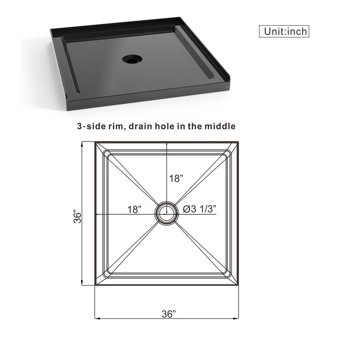 Shower Base, Anti Slip Center Drain Single Threshold - Black