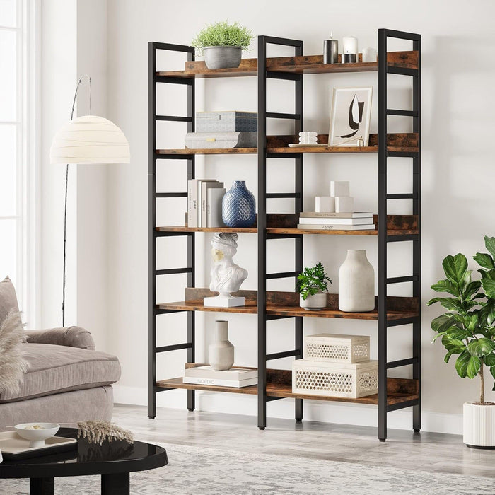 5 Tier Double Wide Bookshelf For Living Room - Rustic Brown