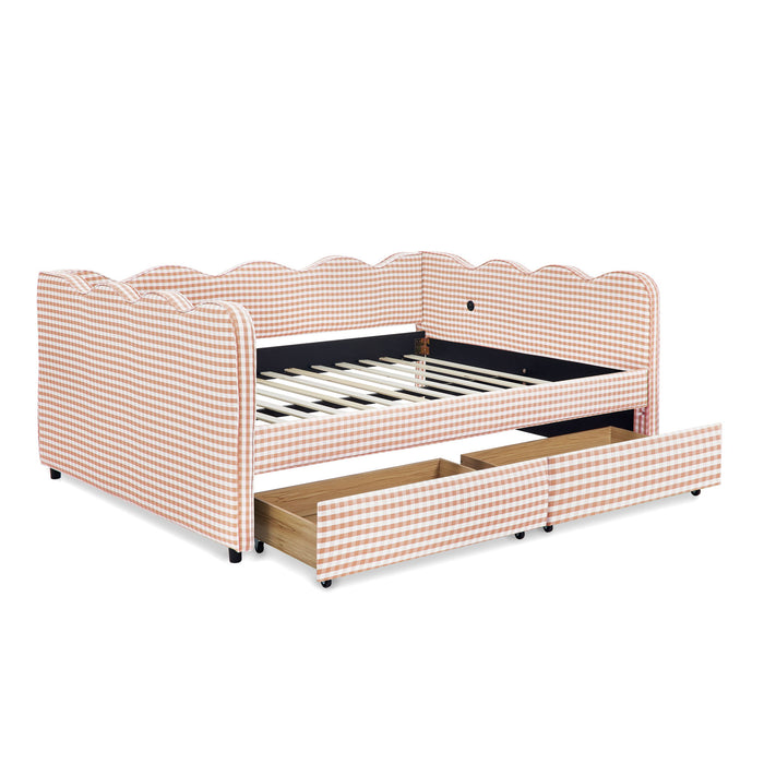 Gingham Daybed With USB Charging Port, Wave-Shaped Design