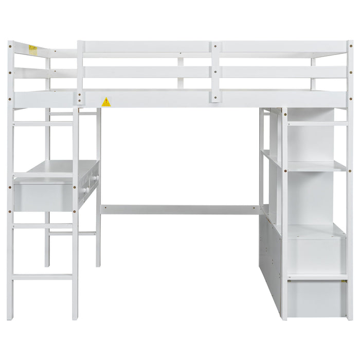 Full Size Loft Bed With Built In Desk, 2 Drawers, Storage Shelves - White