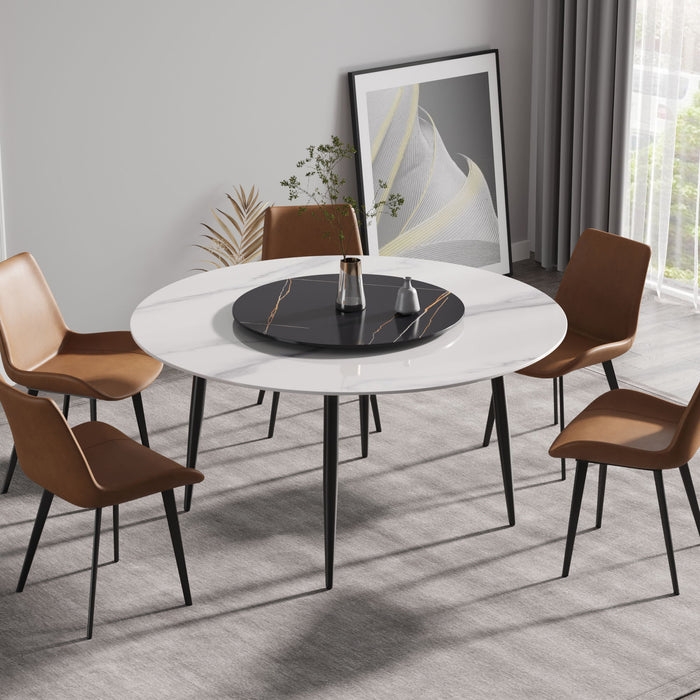 59.05" Modern Artificial Stone Round Metal Dining Table, Can Accommodate 6 People, Artificial Stone Turntable - Black / White