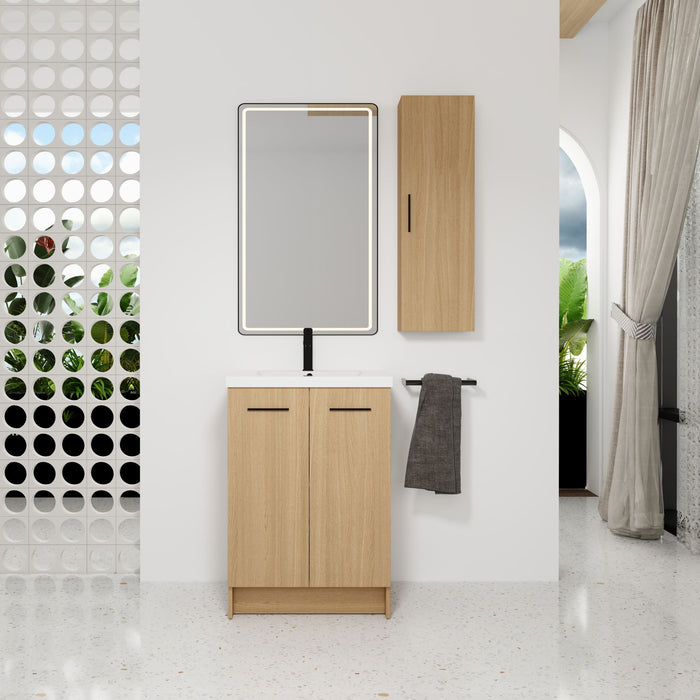 Freestanding Bathroom Vanity Set With Tall Linen Cabinet, Single Sink, Extra Storage, Soft Close Doors - Glossy White / Light Oak