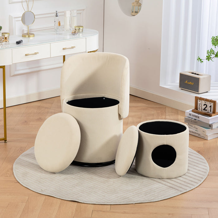 Barrel Chair, Built In Storage, 360° Swivel - Beige
