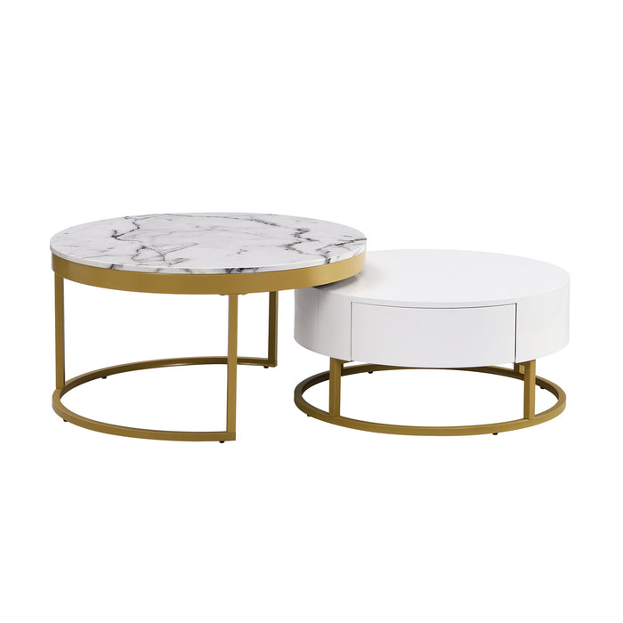 Round Nesting Coffee Table With Drawers - Golden / White