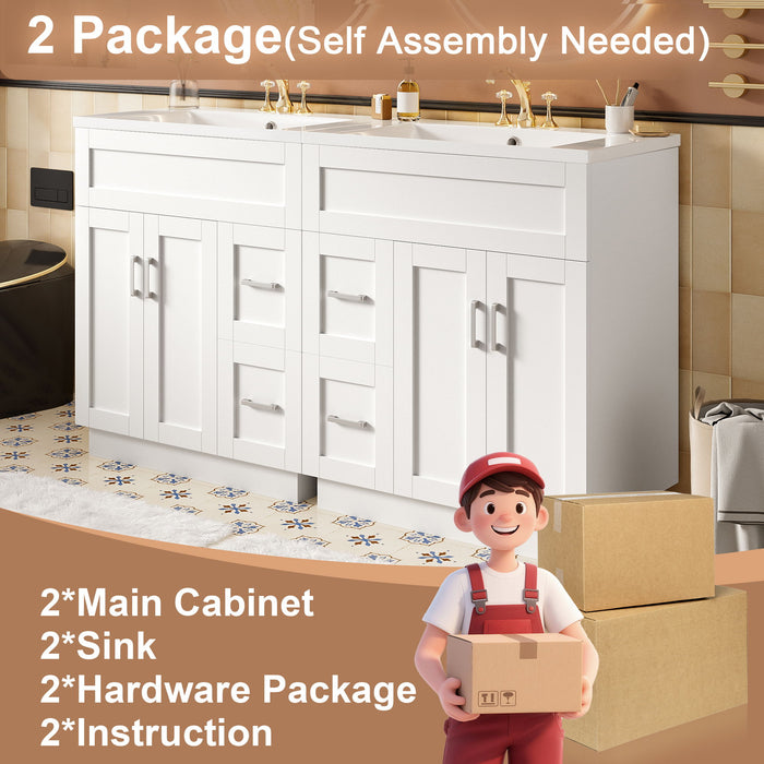 Bathroom Vanity With Dual Sinks, 4 Cabinet Doors, 4 Drawers, Adjustable Shelves - White