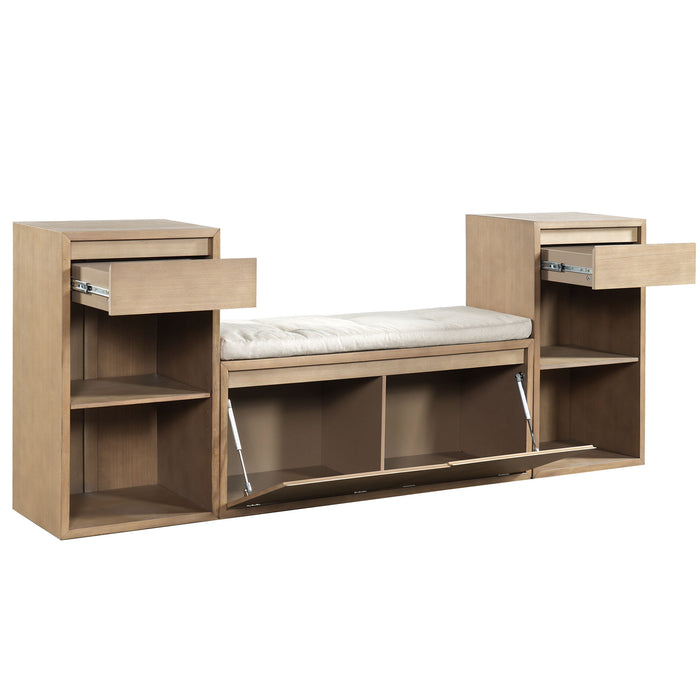Entryway Storage Bench With Cushion, Drawers & Open Shelves
