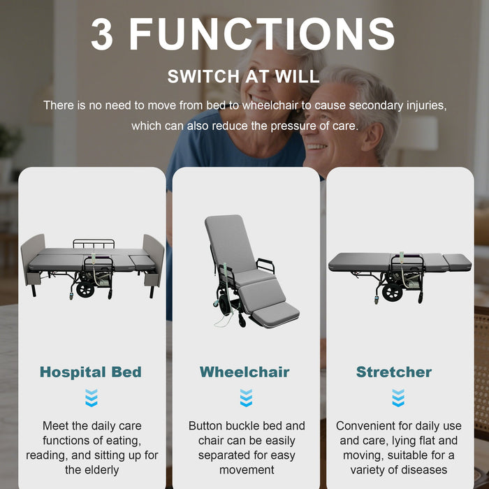 Dual Motor 3 In 1 Electric Nursing Bed Convertible To Wheelchair & Stretcher - Gray