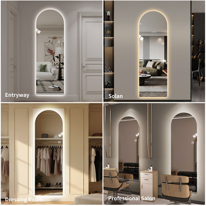 LED Full Length Wall Mirror With Symmetrical Arch Design, 3 Color Dimmable Lighting - Silver