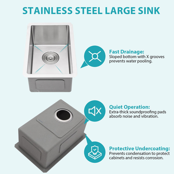 Undermount Steel Kitchen Sink, Deep Single Bowl Basin