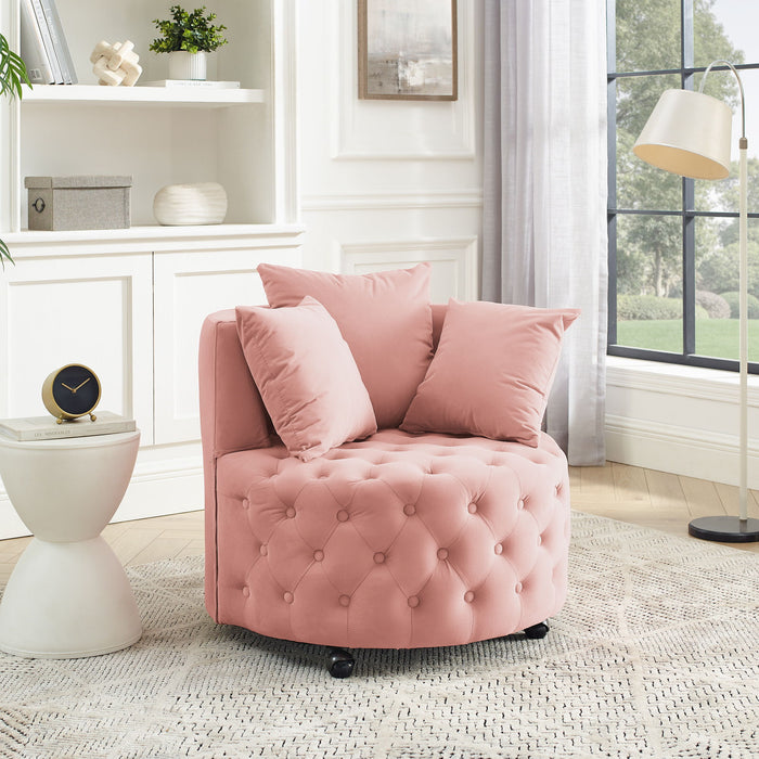 Modern Upholstered Swivel Chair With Button Tufted Design And Movable Wheels