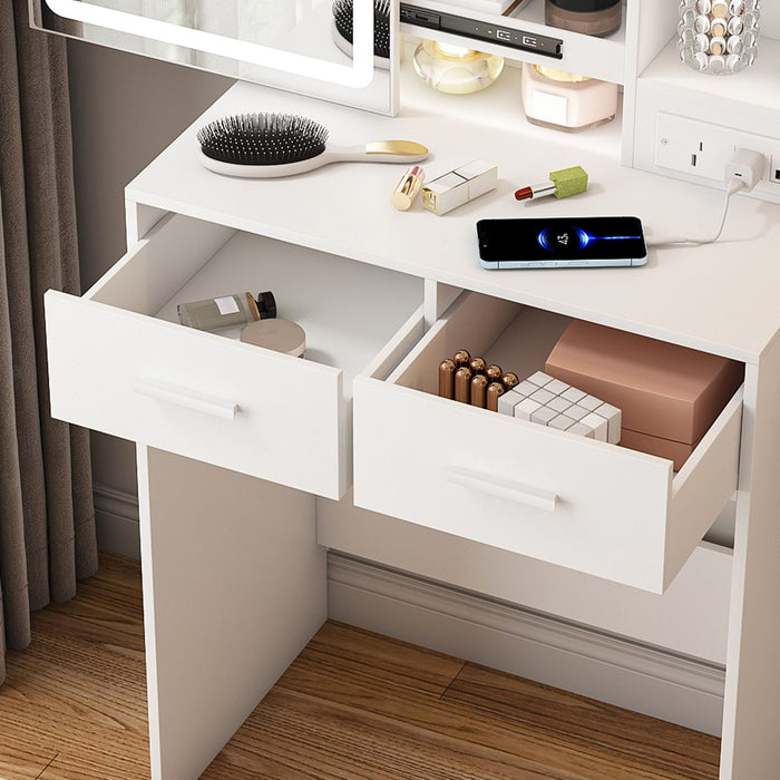 Space Saving Makeup Vanity Desk With Mirror & Adjustable Led Lights, Built-In Power Outlet, Hidden Storage, Includes Stool & Shelf - White