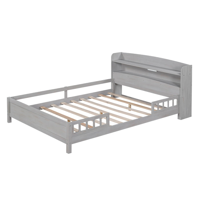 Wood Platform Bed With Built In LED Light, Storage Headboard And Guardrail
