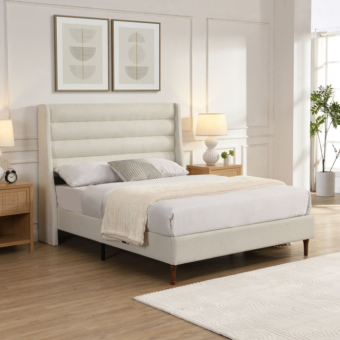 Modern Upholstered Platform Bed With Wave Shaped Headboard