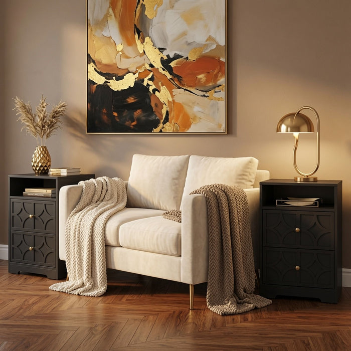 Nightstand With Diamond Carvings Handles, 2 Drawers & Charging Station